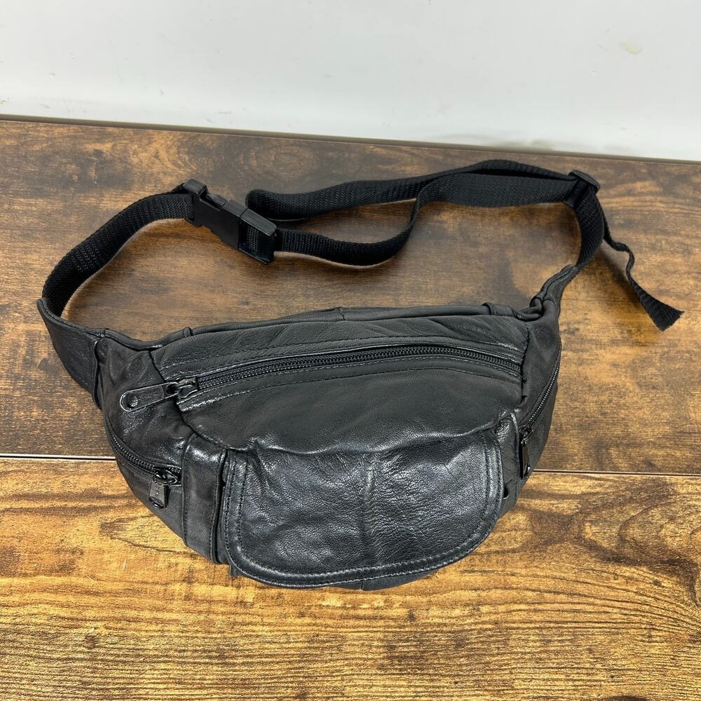 Vintage Black Lambskin Leather Waist Belt Bag Fanny Pack Unisex